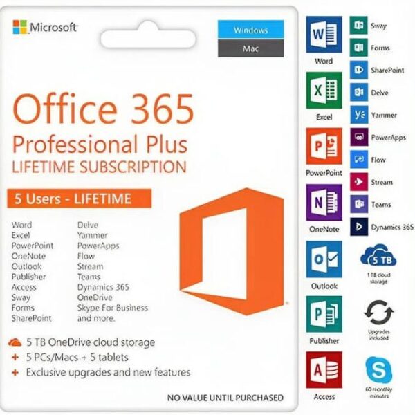 Office 365 Pro 2023 5 USERS PC WINDOWS/MAC 5TB Lifetime